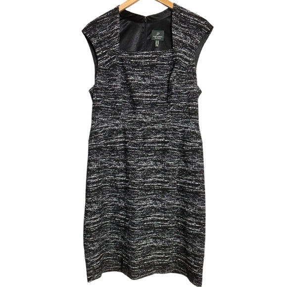 Adrianna Papell Designer Marled Black White Square Neck Cap Sleeve Fitted Dress - Picture 1 of 13
